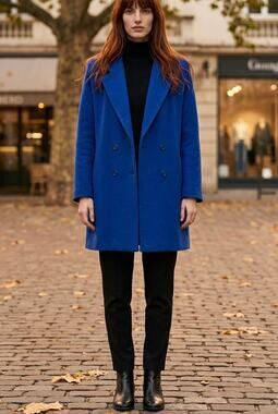 VTG 80s Cobalt Wool Blend Long Coat Womens Sz 12 Double Breasted CPI Yugoslavia